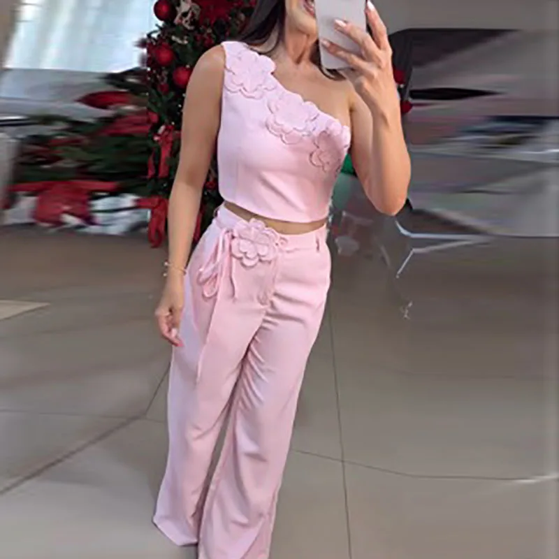 

Сексуальный асимметричный облегающий деловой костюм: модный топ без рукавов со скошенным воротником и брюки, женский элегантный комплект из 2 предметов с цветочным принтом