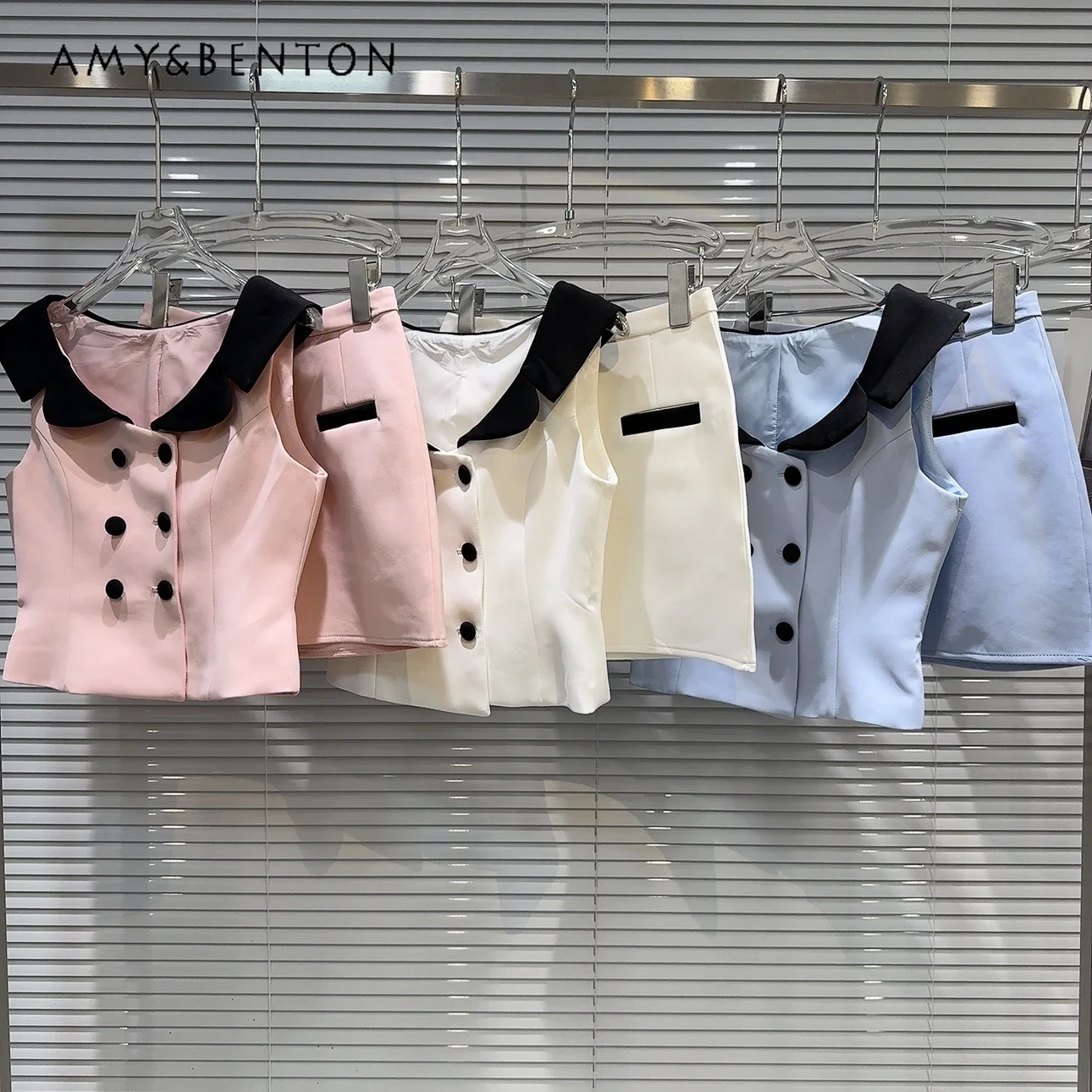 

Summer New French Temperament Socialite Color Matching Lapel Slim Sleeveless Top Slim Mini Skirt Two Piece Sets Womens Outifits