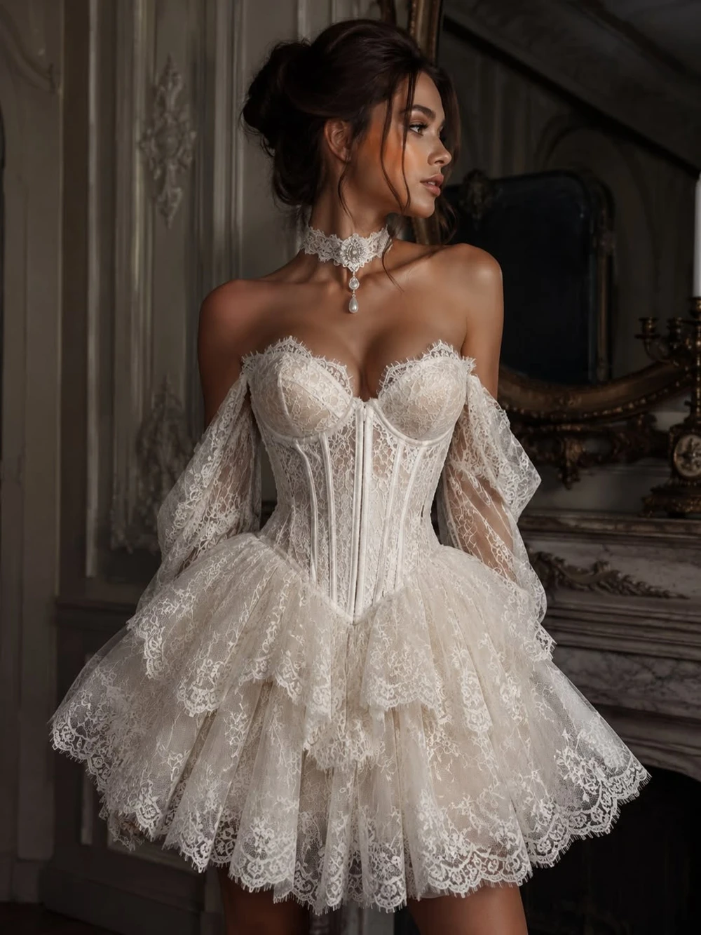 Boho Sweetheart Corset Lace Mini Wedding Dresses Detachable Puff Sleeves Tiered Ruffle Bridal Gown Vestido Novia Custom Made