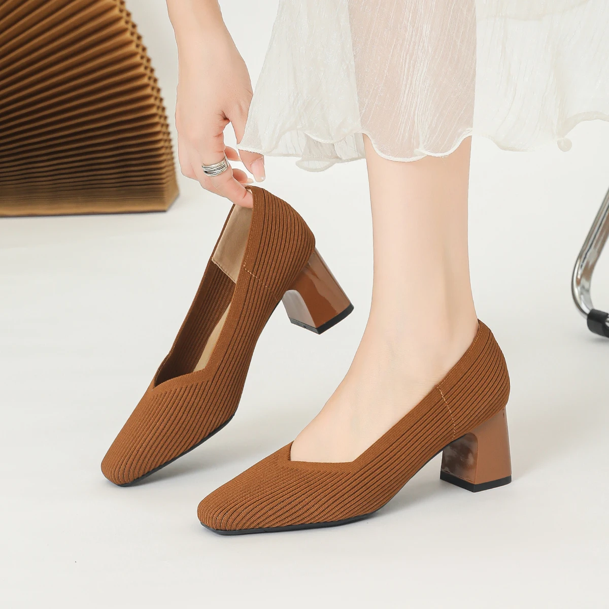 Women's 5cm Square Toe Knitted Heels Autumn 2025