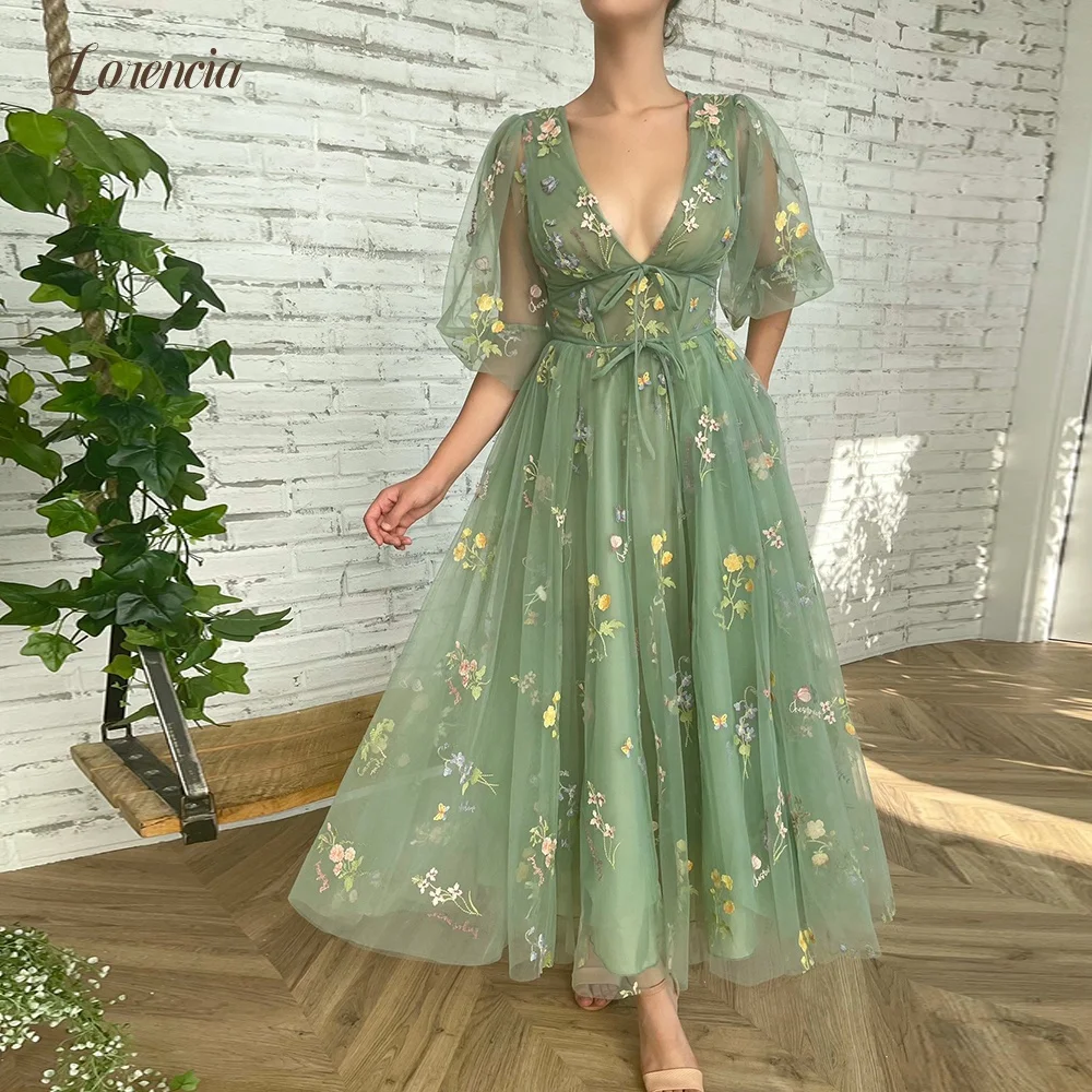 Lorencia Floral Embroidery Lace Midi Prom Dresses V-Neck Short Sleeves Tea-Length A-Line Wedding Party Dresses Customized