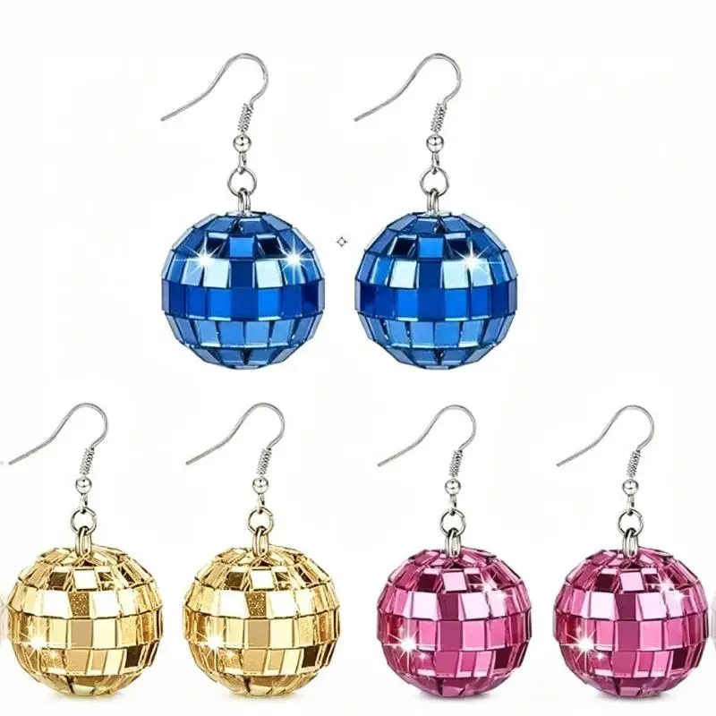 1 Pair Retro Disco Ball Pendant Earrings Shiny Sparkly Statement Jewelry for Festival Party Women Gift