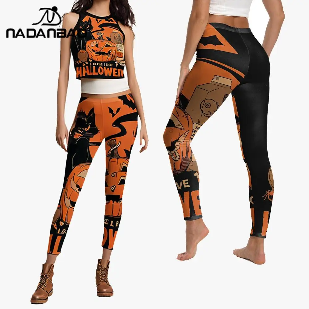 Nadanbao 2PCS women's Yoga Set Running Workout Gym Matching Set orange pumpkin print Tank Top & Activewear Leggings Set 160gsm