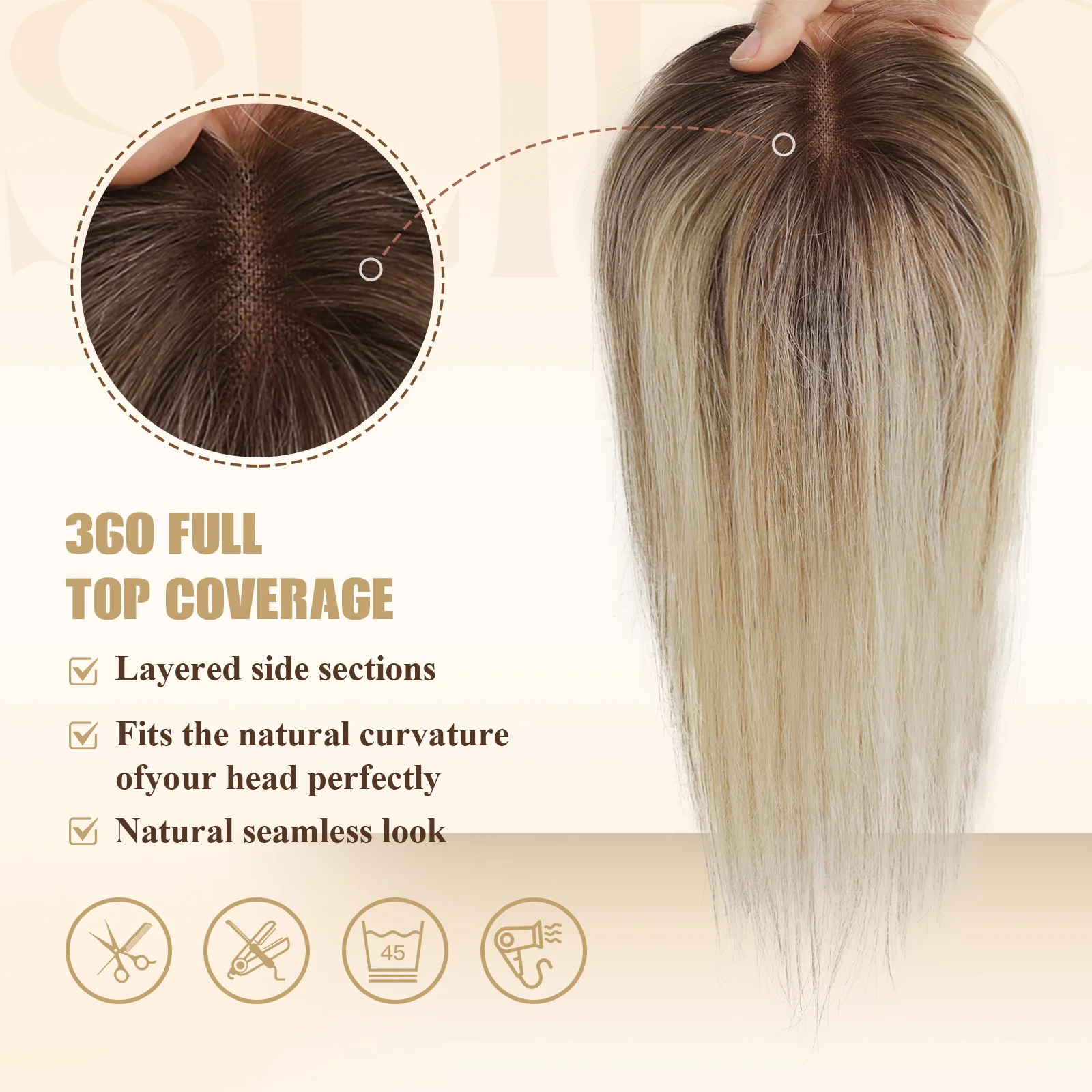 Blonde Mixed Brown Human Hair Topper Middle Part Straight Hairpieces 100% Remy Human Hair Silk Top Base Hair Extension for Women