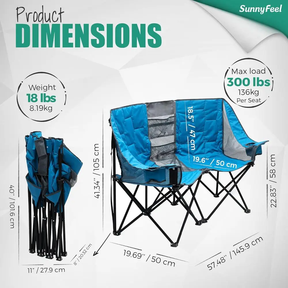 Silla plegable doble para acampar, sillón de dos plazas de gran tamaño, silla de césped portátil/plegable resistente con almacenamiento para exterior/exterior