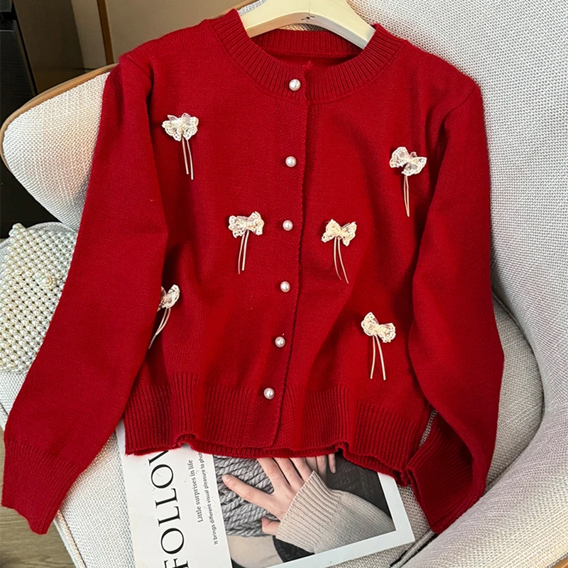 

Bowknot Decorate Knitted Sweater Women Autumn Trendy O-neck Long Sleeve Tops Soft Single Breasted Female Knitshirts Coats
