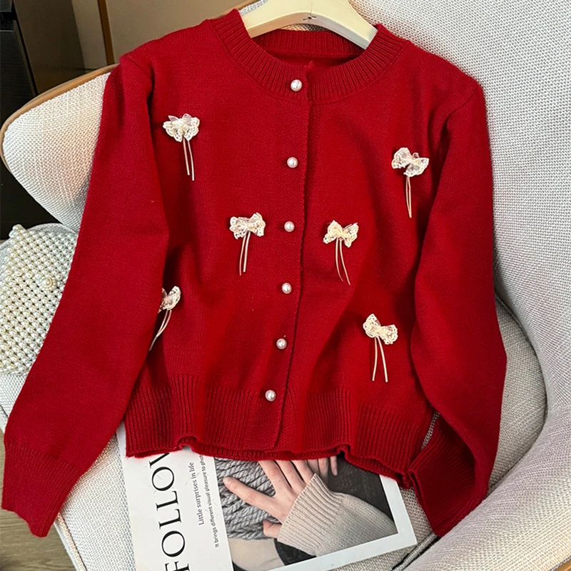 Bowknot Decorate Knitted Sweater Women Autumn Trendy O-neck Long Sleeve Tops Soft Single Breasted Female Knitshirts Coats