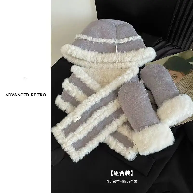 Neu Eingetroffenes Kunstfell Warmes Mützen-Schal-Handschuh-Set Grau Stilvoll Modisch Mehrteiliges Set – Detail 5