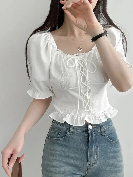 

Korean Sle One oulder Bubble Sve Chiffon Top Women's Summer New Waist Cinching ort Length Blouse
