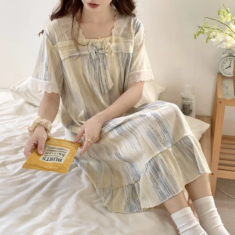 Neues Sommer-Nachthemd für Damen mit Schmetterlings-Schleife, Kurzarm, Locker, Atmungsaktiv, für Mädchen und Studentinnen, Bequemes Hauskleid für Frauen