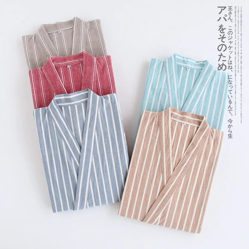 Autumn Washed Cotton Thin Striped Pajamas Men's and Women's Japanese Kimono Short Sleeve Shorts Pajama Set Loose Casual Pyjamas