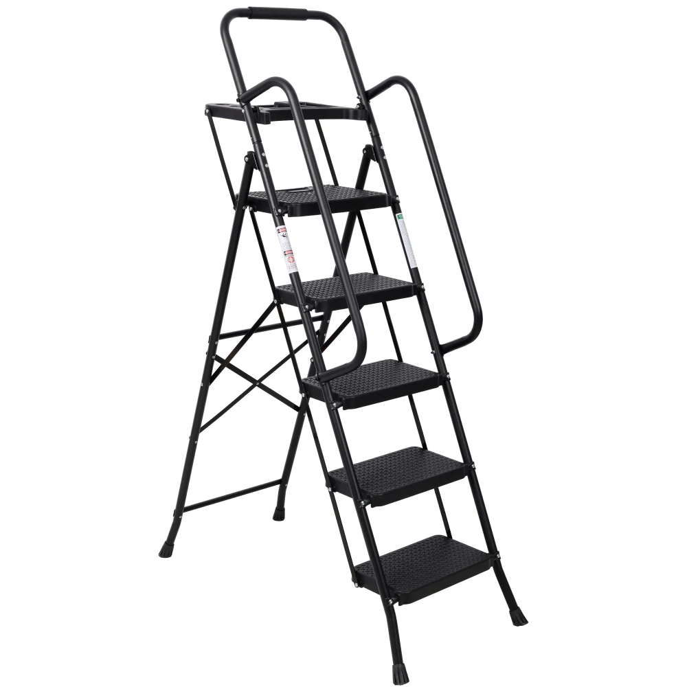 

5 Step Folding Sturdy Steel Ladder: Wide Anti-Slip Pedals,330LBS Load,Handrail,Lightweight Portable
