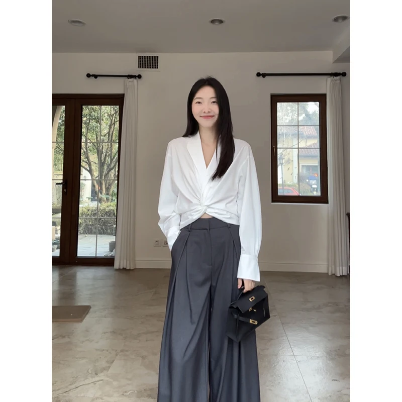 

Casual Wide Leg Suit Pants V-Ne Knot Design Sensation Small Cro White irt Slimming Leisure Wide Leg Suit Pants