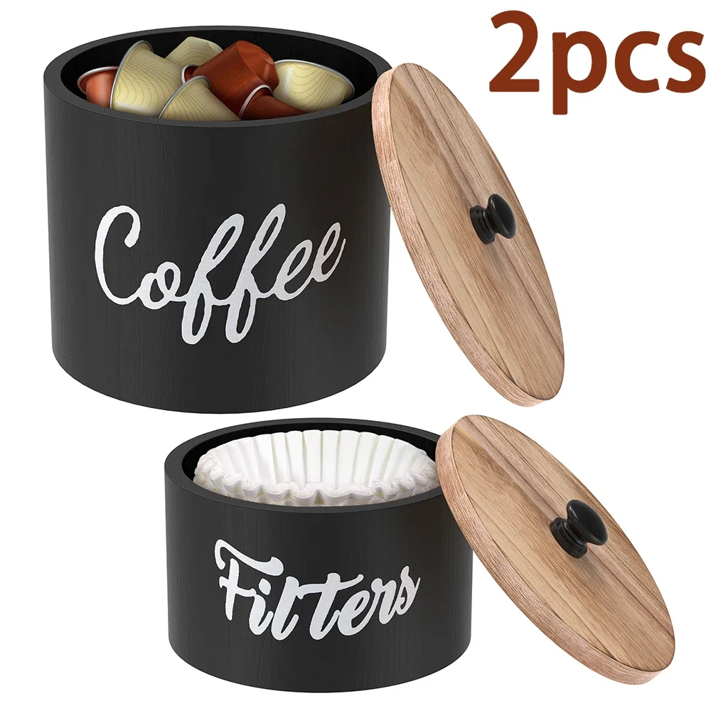2 piezas de soporte de papel de filtro de madera, caja de almacenamiento de cápsulas de café, dispensador de café con tapa, organizador de escritorio