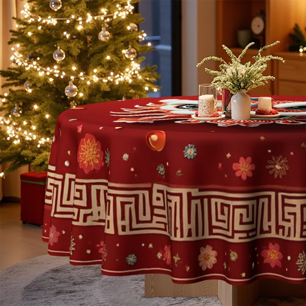 1 Christmas-themed tablecloth, Chinese lion dance head design, round decorative tablecloth suitable for family dining tables