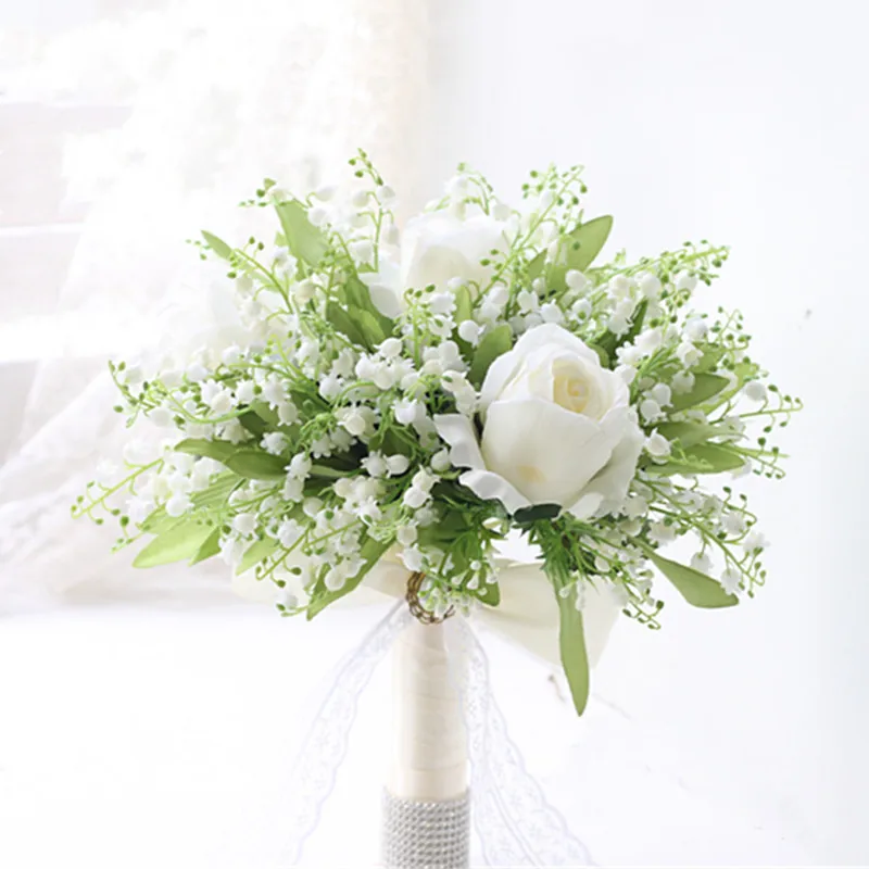 Free Shipping High Quality Imitation White Rose Lily Of The Valley Holding Flower Bridal Wedding Bouquet Finished Artificial