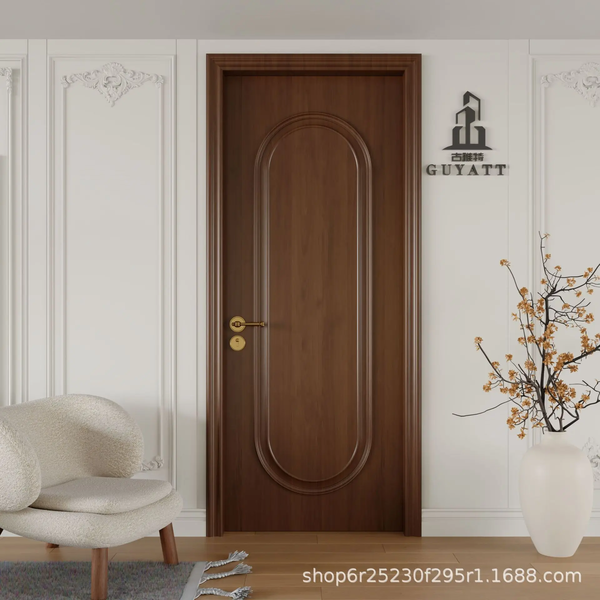 

Mofan French retro medieval style bedroom room solid wood door interior paint walnut glass swing