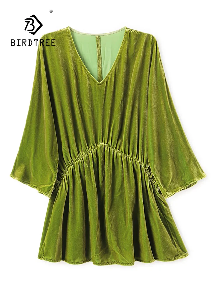 BirdTree-Silk Velvet Elegant T-Shirt, V Neck 3/4 Sleeve Ruffles, Women French OL Commute Loose Tops, 2026 Autumn New T68989CC