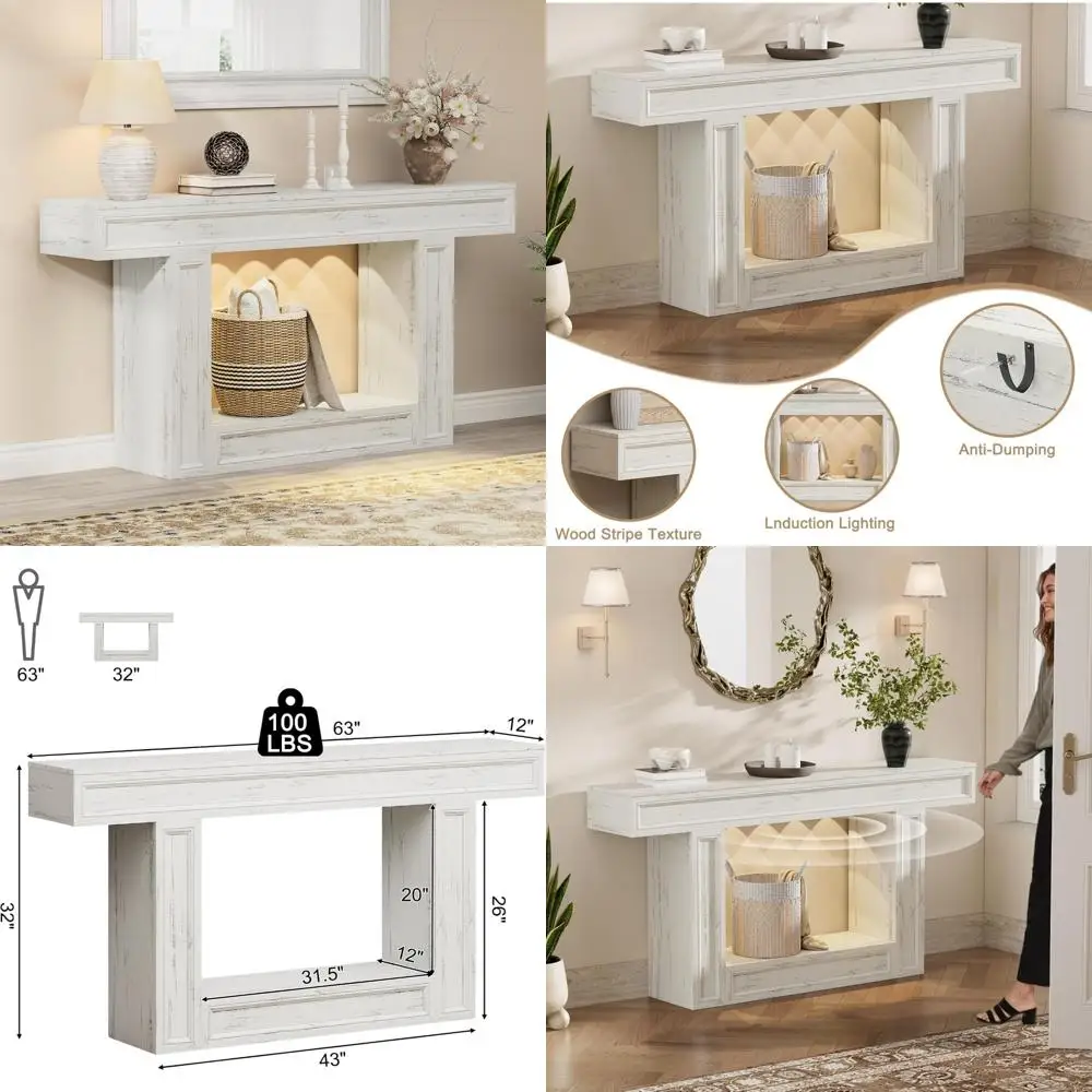 طاولة وحدة تحكم من طبقتين مع أضواء مستشعر للمدخل، وطاولة قهوة خلف الأريكة، وقاعدة على شكل حرف U مناسبة لمختلف المساحات