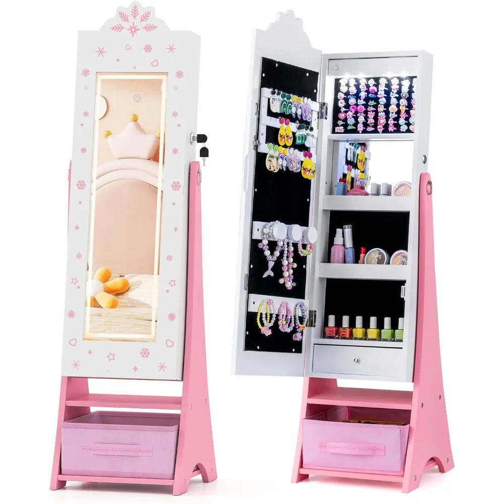 

Jewelry Cabinet with LED Lights, Snowflake Standing Jewelry Armoire w/Full-Length Mirror & Makeup Mirror