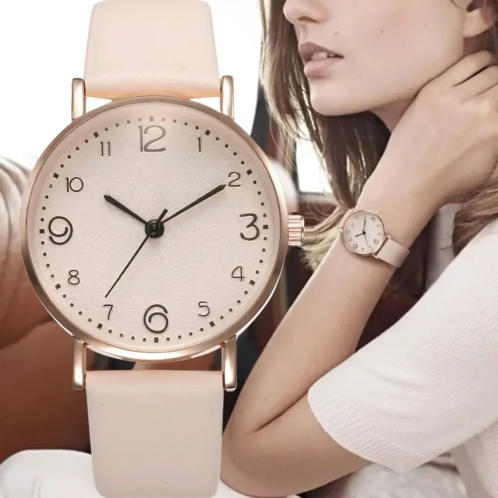 AAADainty Simple Ladies Daily Wristwatch, Textured Cream Dial Thin Pink Leather Band Casual Quartz Watch For Student Office