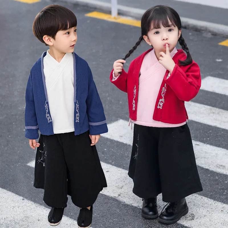 Boys And Girls Autumn New Chinese Style Traditional Embroidery Hanfu Children Vintage Three Piece Suit Role Play Ancient Costume