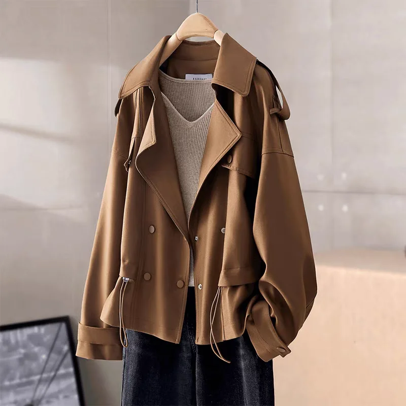 

Double Breasted Splicing Windbreaker Jackets Notched Lapel 2025 Autumn New Korean Women Trench Coats Spring Commuter Outwear Top