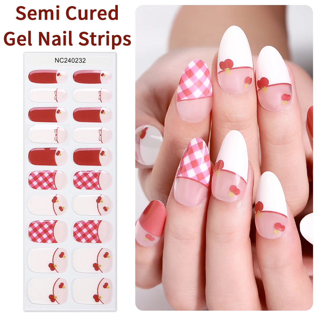 20Tips French Semi Cured Gel Nail Strips Pink and White Heart Plaid Design Gel Nails Stickers For Women Manicure Decoration