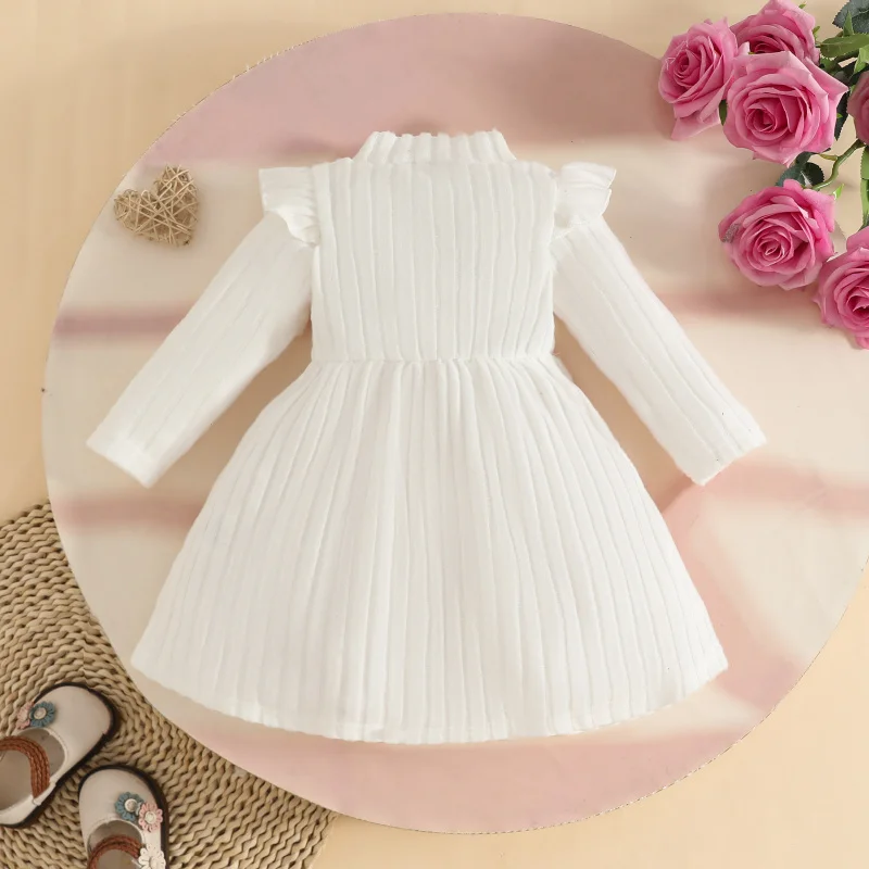 Infant and Toddler Heart Dress Autumn Winter Girls Wide Ribbed Flutter Sleeve Long Sleeve High Neck Dress