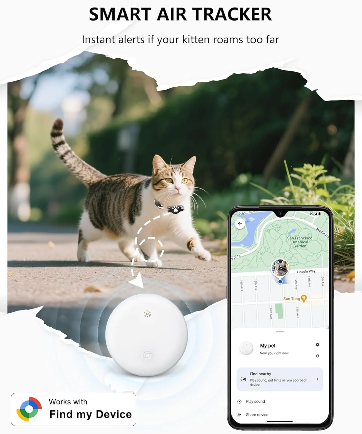 Cat Smart Trackers Collar Anti-Lost Kitten Tracker Adjustable Safety Buckle Reflective GPS Collar for Android Google Find Hub