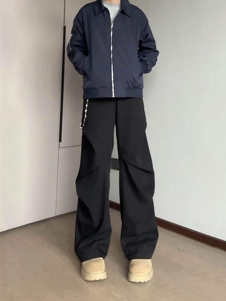 

Cleanfit Black Pleated Suit Pants Men's Straight Leg Wide Leg Micro Flared Long Trousers High Waist Loose Fit Anti-Wrinkle