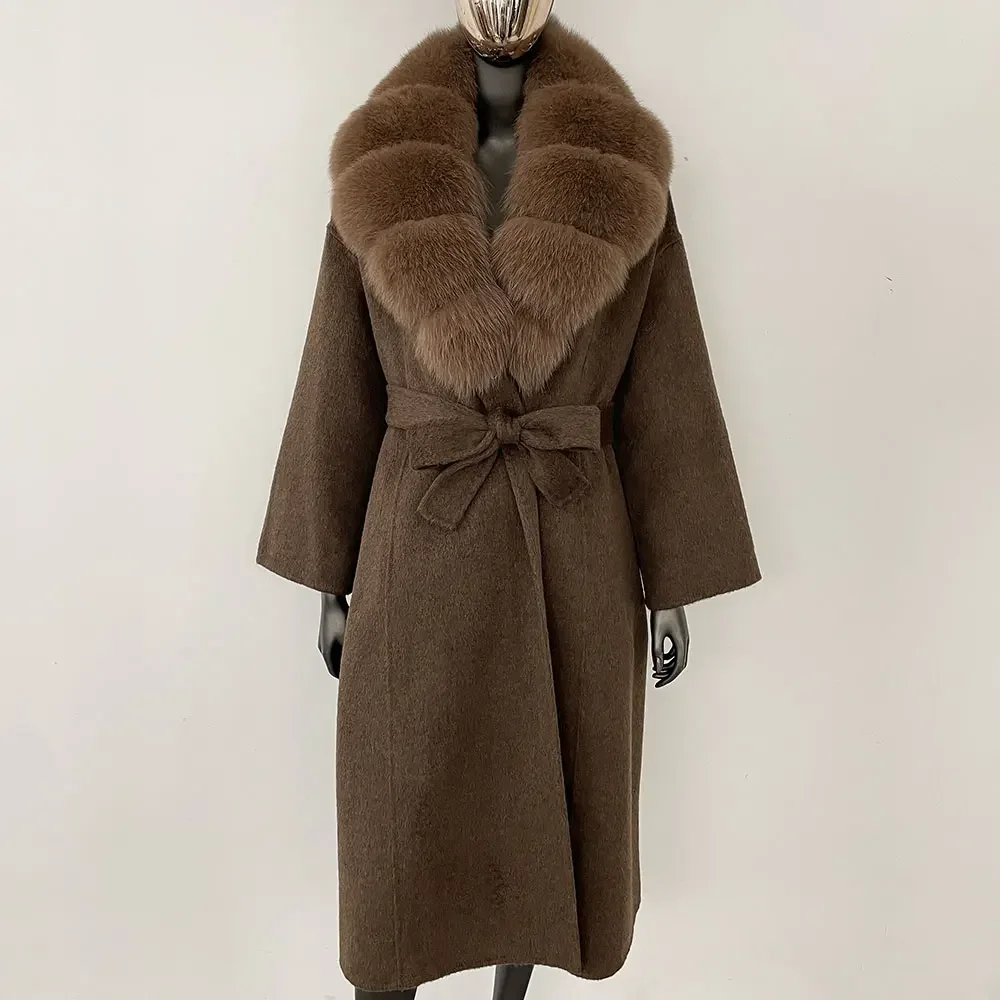 2024 New Oversize Ladies Outerwear Real Fur Coat Winter Women Natural Fox Fur Collar Jacket Hood Cashmere Woolen Blend Coat