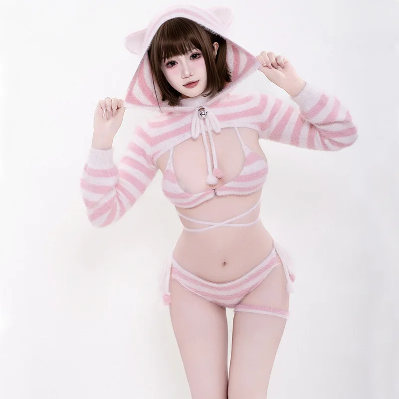 

Pink striped plush rabbit fur quality bikini set - Playful casual wear and role-playing attire, cute and comfortable