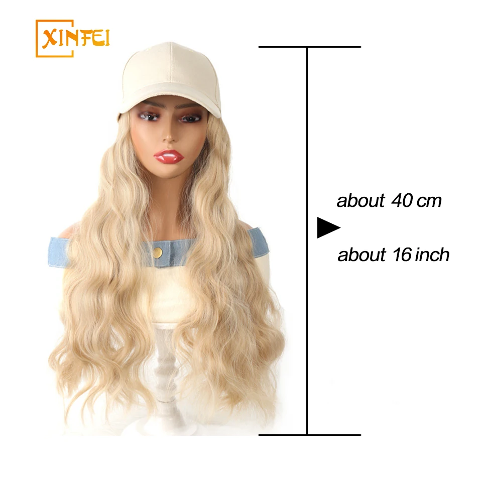 XINFEI Long Wave Synthetic Off White Baseball Cap Hair Wig for Girl Hair Wig Naturally Connect Hat Wigs Adjustable