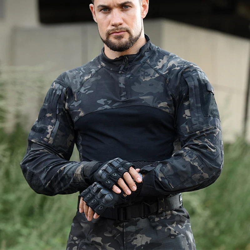 Mens Summer Breathable Long Sleeve T-shirts Outdoor Stand Collar Sports Tactical Camouflage Shirts Quick Dry Frog Slim Fit Tops