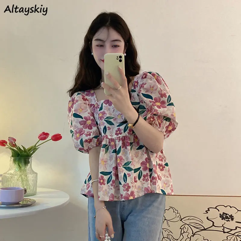 Vintage Printed Blouses Women Loose French Style Sweet Short-sleeve All-match Square Collar Streetwear Fashion Summer Aesthetic