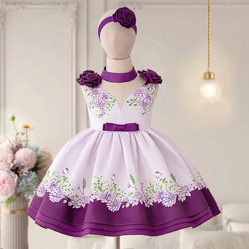 

Тюлевое платье принцессы без рукавов с цветочным узором для девочек и головным убором для детей, праздничное платье для дня рождения, свадебное платье для выпускного вечера