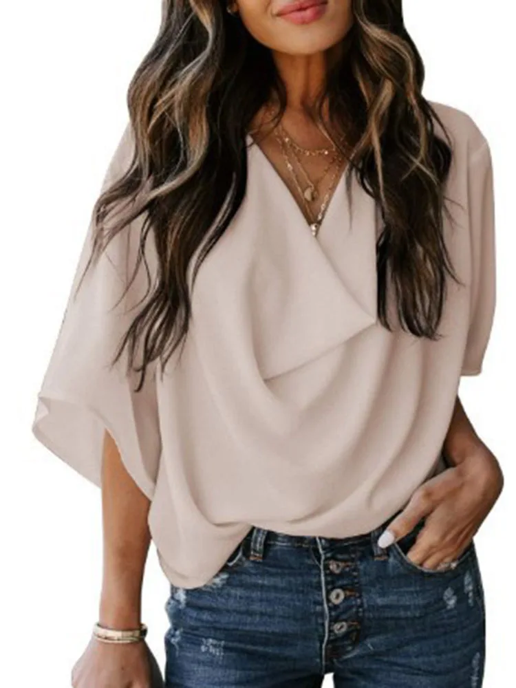 Women\'s White Casuat Shirt Summer Flared 3/4 Sleeve V-Neck Chiffon Blouses Casual Loose Pullover Tops Women Shirt Streetwear