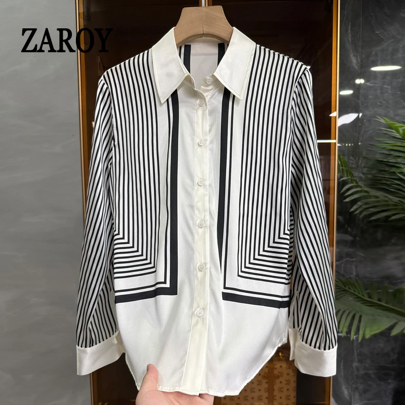 

ZAROY Casual Striped Satin Women Shirts Spring Long Sleeve Lapel Elegant Office Ladies Silk Blouses Fashion Streetwear Blusas