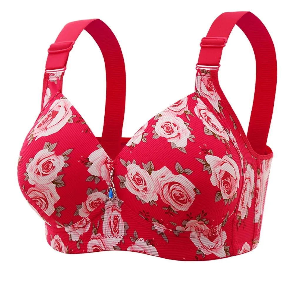 

Plus Size Elderly Mothers Flower Bra Rose Printed Shockproof Lace Women's Underwear Lingerie Non Steel Ring Wireless Deep V Bra