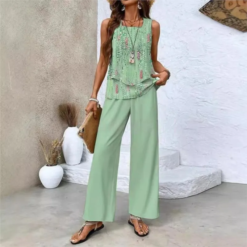 

2025 женский комплект из 2 предметов в стиле бохо, повседневный жилет с принтом, топ без рукавов, свободные широкие брюки, брюки, комплект из двух предметов, элегантный костюм