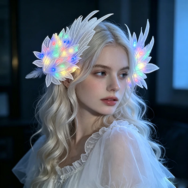 LED Light Up Feather Hair Clip Glowing Lace Flower Hair Barrette Elf Fairy Headwear Women Halloween Carnival Cosplay Costume