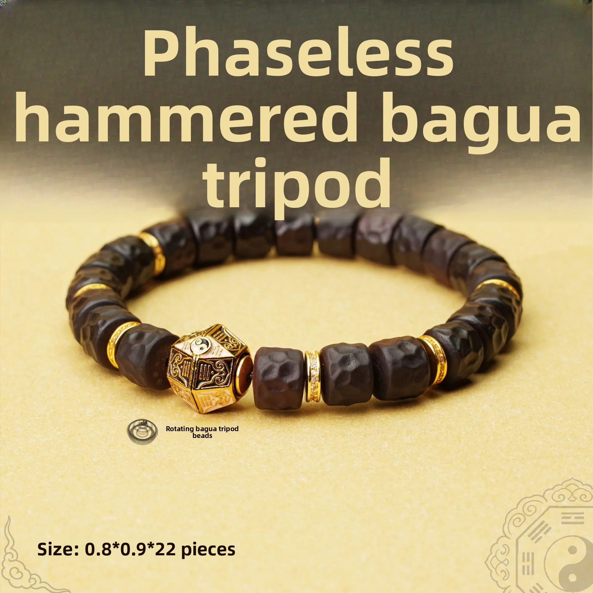 Chinese Traditional Taoist Style Hammer Textured Thunder Struck Jujube Wood Beaded Bracelet Rotating Bagua Lucky Charm Fortune