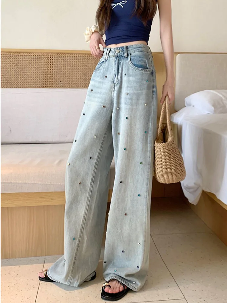 

2023 Spring Summer New Design Sense diamondSlimming Loose Casual Baggy Jeans Straight-Leg Pants Women's Long Trousers Fashion