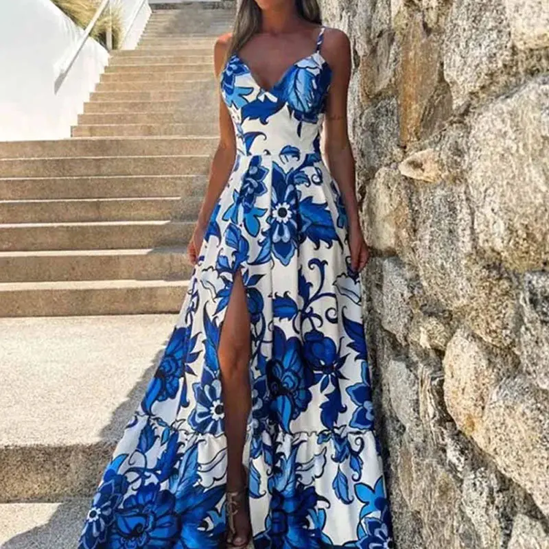 

2025 Spring European and American Casual Fashion PrintVSpaghetti Strap Patchwork Slit Flared Women's Dress N001