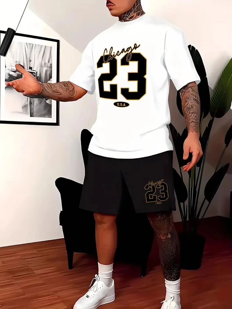 

100% Pure Cotton Summer New No. 23 Printed Pattern Casual Fashion T-shirt Shorts Two-piece Set Trendy Harajuku Men's Clothing