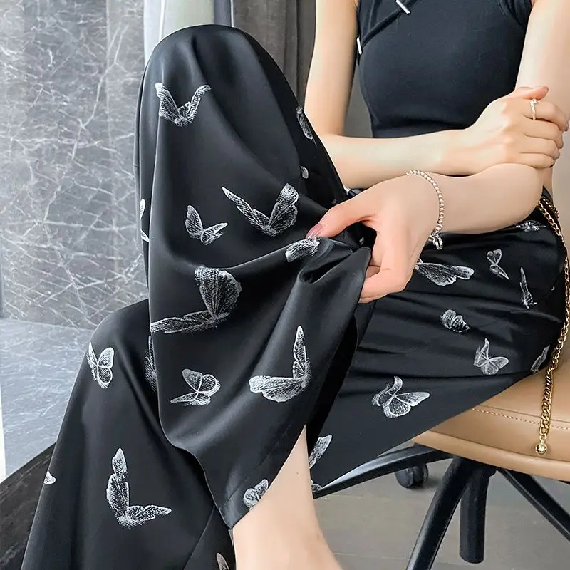 Butterfly hot stamping 3D rendering niche dark style casual wide leg pants with thin drape and slimming loose floor mop pants