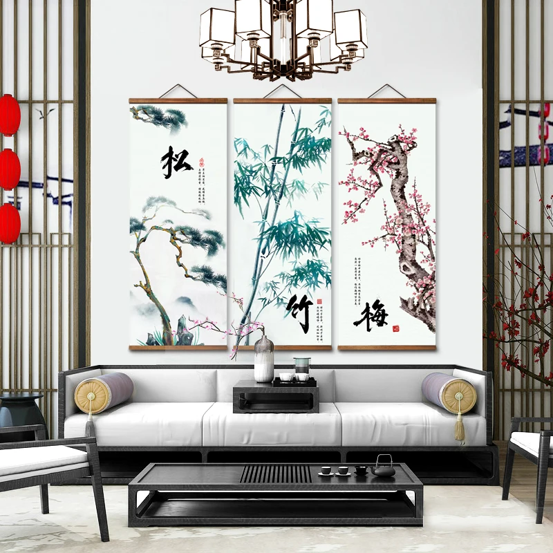 MT4013 Chinese Style Pine Bamboo Plum Decorative Wall Art Posters Solid Wood Scroll Paintings