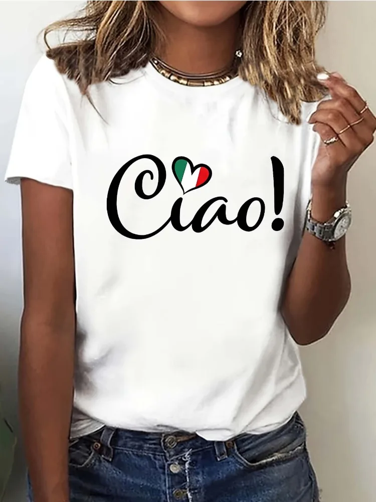 Women's Italian Ciao Flag Heart Print Casual T-Shirt Elegant Street Style Round Neck Top Four Seasons Comfortable T-Shirt