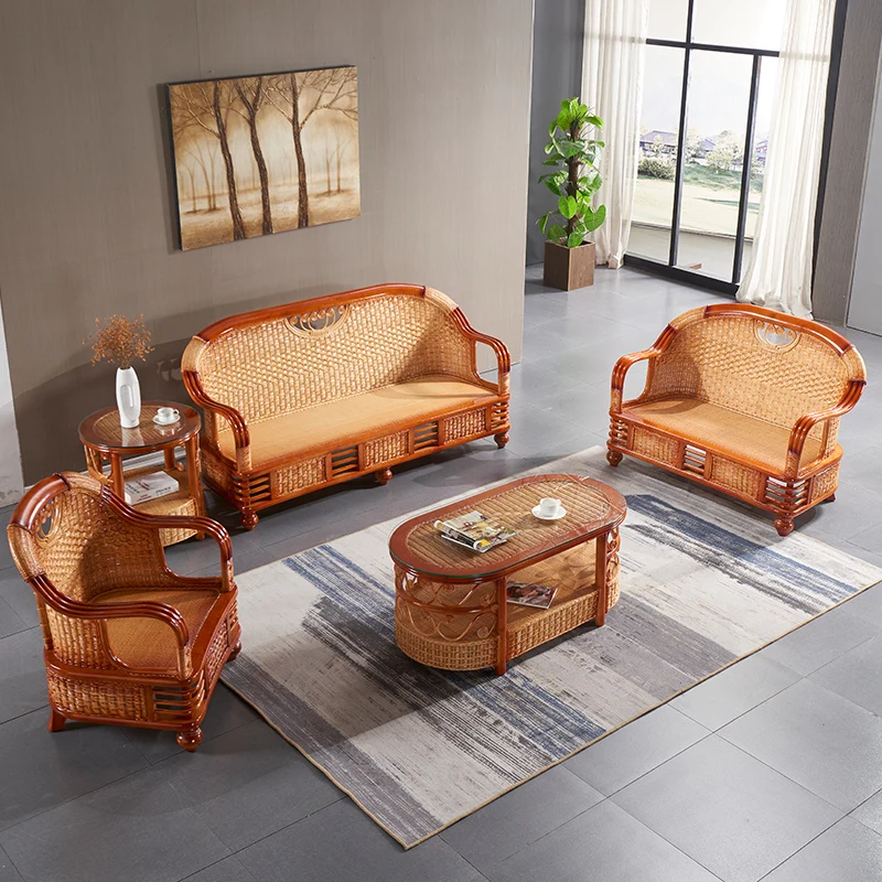 True rattan sofa five-piece set combination rattan woven sofa solid wood rattan bamboo sofa